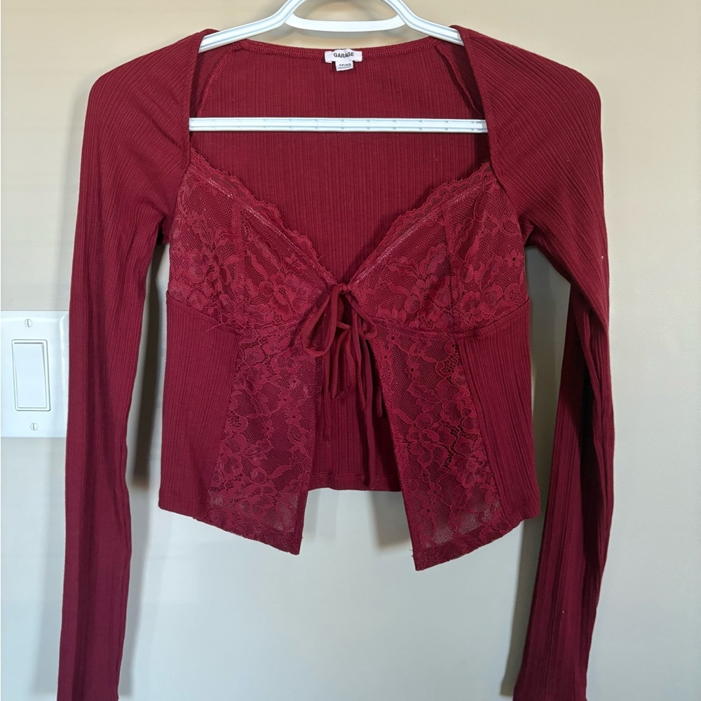 Garage Red Long Sleeve Lace Top